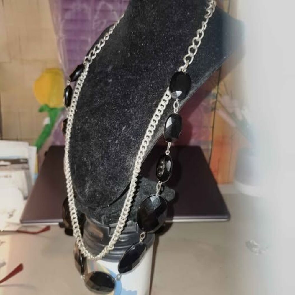 Vintage Double Strand Silver Tone Chain Necklace with Black Faceted Beads